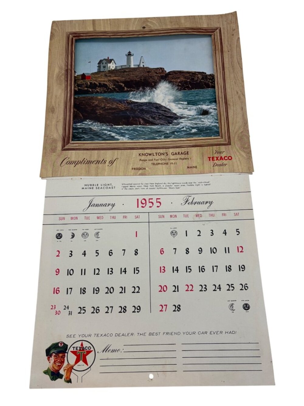 1955 Knowlton's Garage Texaco Dealer Freedom Maine Scenic Wall Calendar Vintage